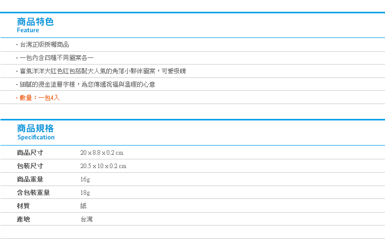 【角落生物紅包袋四入裝】Norns 燙金 創意禮品袋 角落小夥伴 春節過年禮金